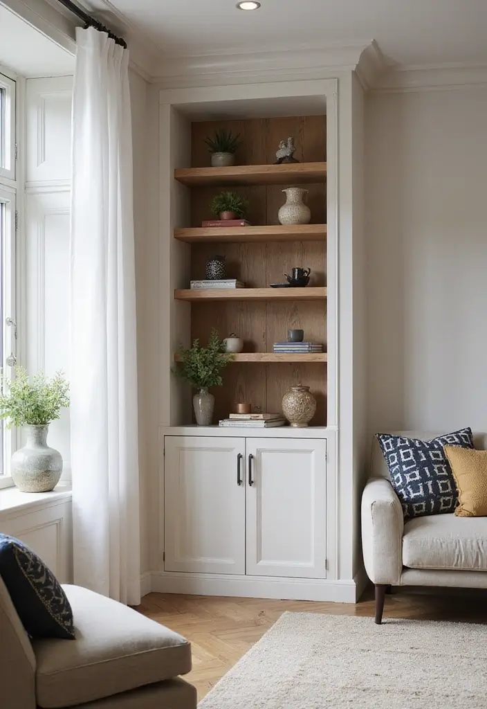 29 Corner Cabinet Living Room Ideas That Add Storage and Charm - 19. Built-In Beauty: Custom-Built Corner Cabinet