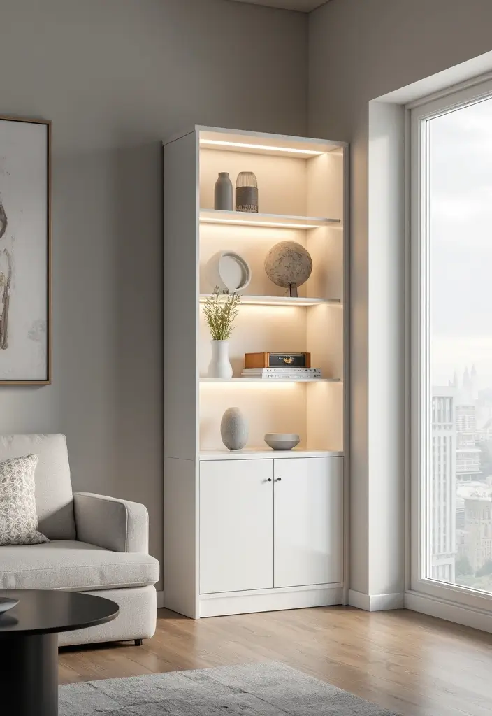 29 Corner Cabinet Living Room Ideas That Add Storage and Charm - 2. Modern Minimalism: Sleek White Finish