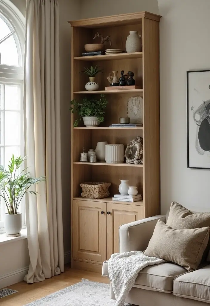 29 Corner Cabinet Living Room Ideas That Add Storage and Charm - 20. Open Shelving Corner Cabinet: Display and Store