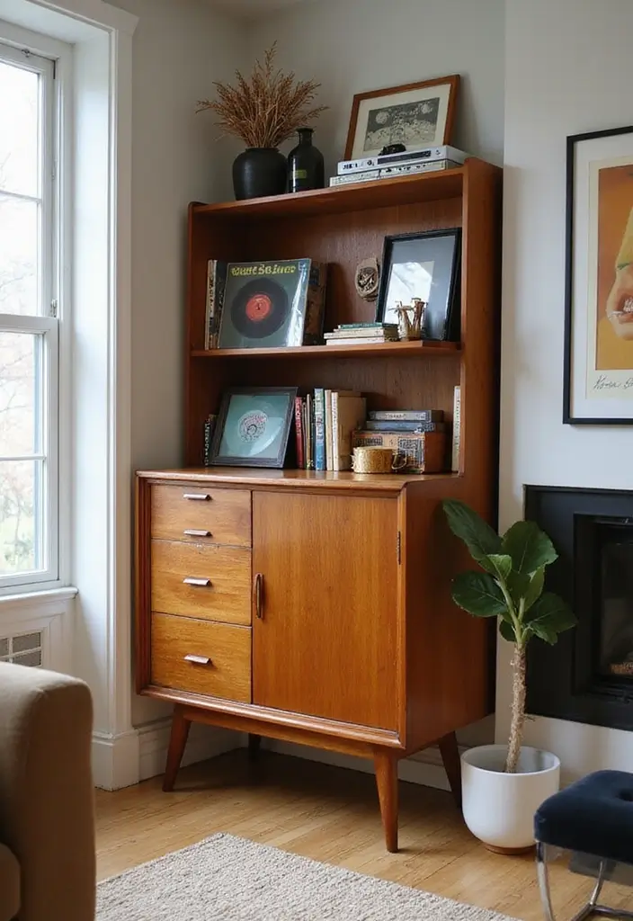 29 Corner Cabinet Living Room Ideas That Add Storage and Charm - 22. Mid-Century Modern: Retro Corner Cabinet