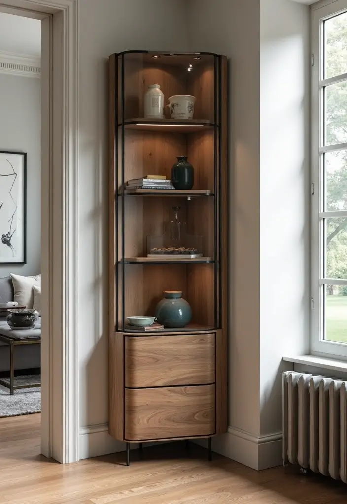 29 Corner Cabinet Living Room Ideas That Add Storage and Charm - 24. Textural Contrast: Mixed Material Cabinet