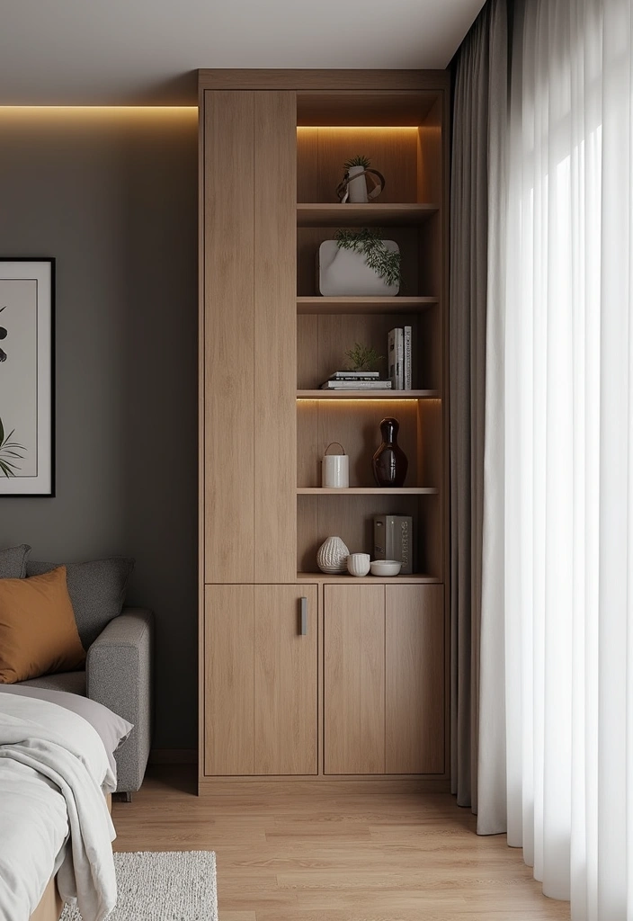 29 Corner Cabinet Living Room Ideas That Add Storage and Charm - 25. Space-Saving Corner Cabinet: Slim Profile Designs