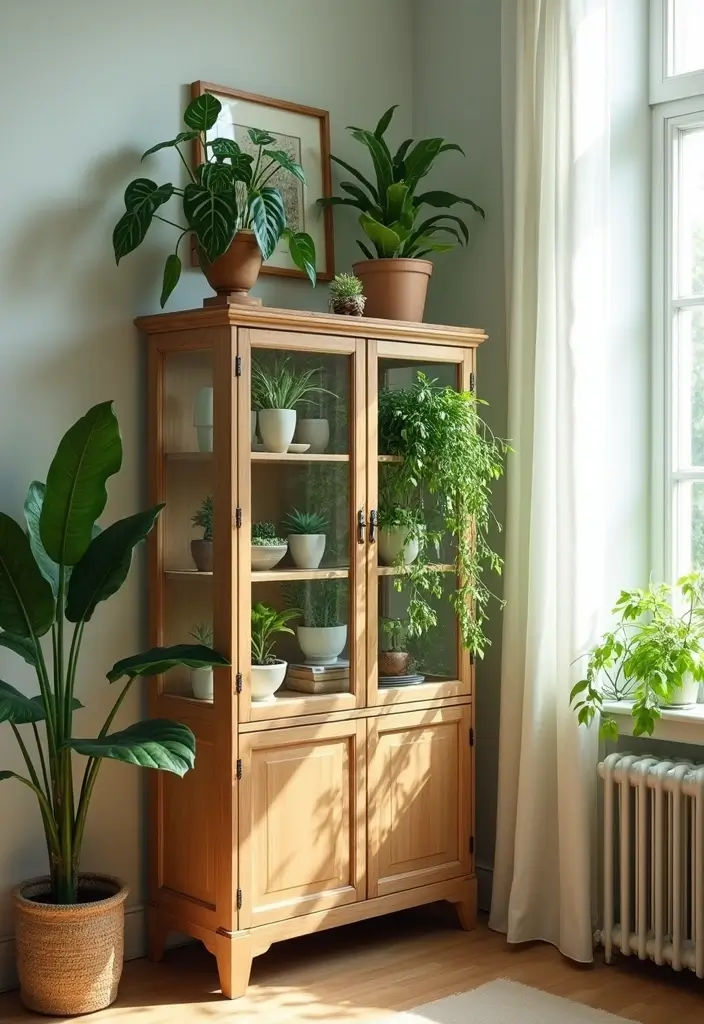 29 Corner Cabinet Living Room Ideas That Add Storage and Charm - 26. Nature's Touch: Botanical Corner Cabinet