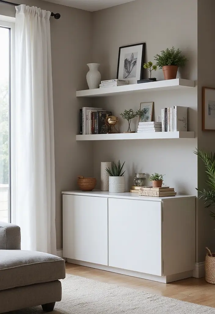 29 Corner Cabinet Living Room Ideas That Add Storage and Charm - 29. Floating Shelves & Corner Cabinet Combo: Unique Display