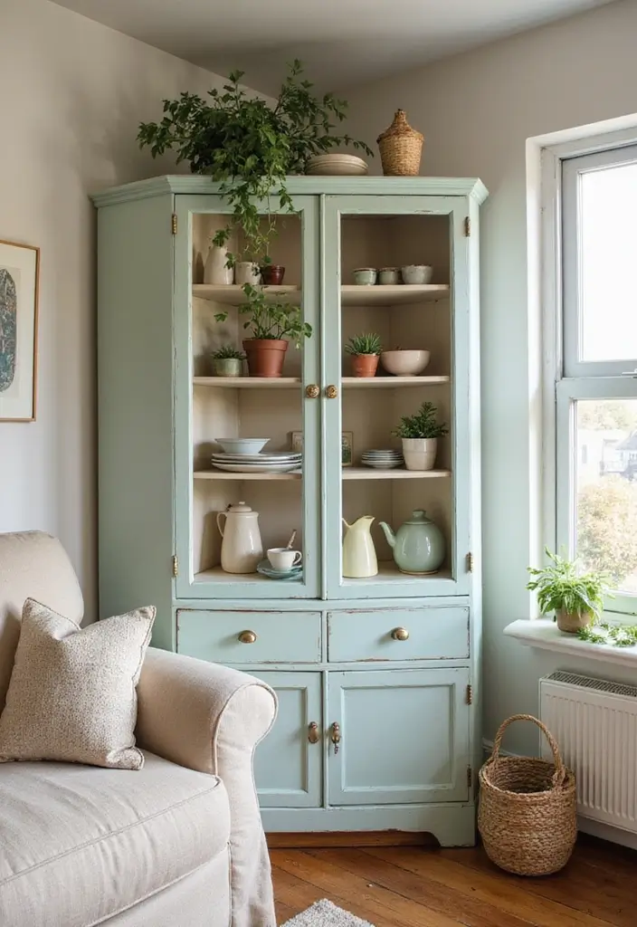 29 Corner Cabinet Living Room Ideas That Add Storage and Charm - 3. Cozy Cottage Style: Painted Pastels