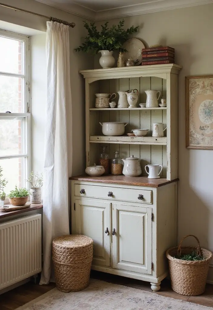 29 Corner Cabinet Living Room Ideas That Add Storage and Charm - 4. Farmhouse Flair: Shabby Chic Cabinet