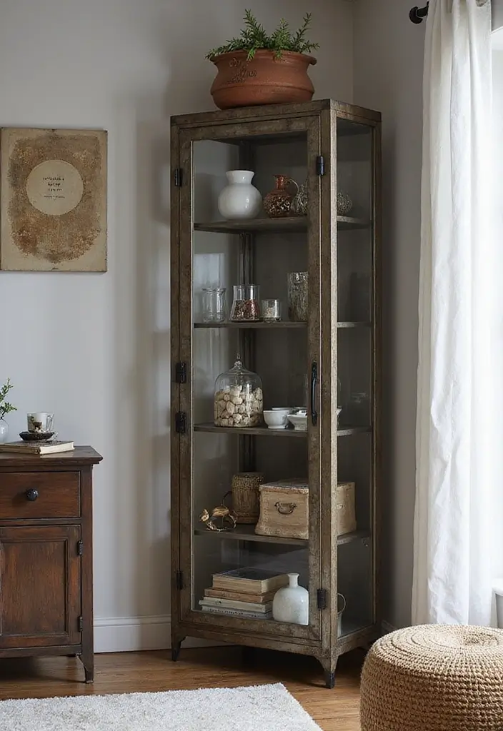 29 Corner Cabinet Living Room Ideas That Add Storage and Charm - 5. Glass and Metal: Industrial Edge