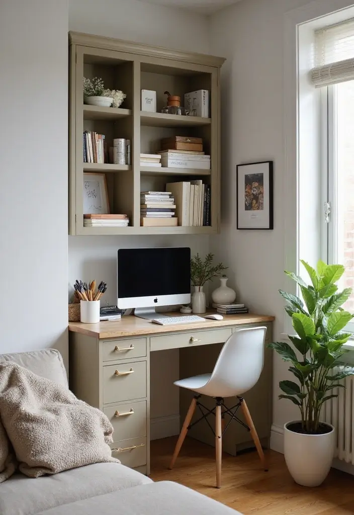 29 Corner Cabinet Living Room Ideas That Add Storage and Charm - 6. Multi-functional Magic: Corner Desk Cabinet