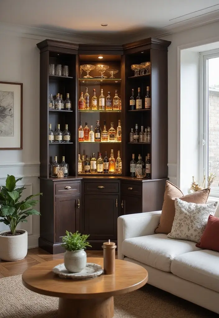 29 Corner Cabinet Living Room Ideas That Add Storage and Charm - 7. Corner Bar Cabinet: Entertainer's Delight