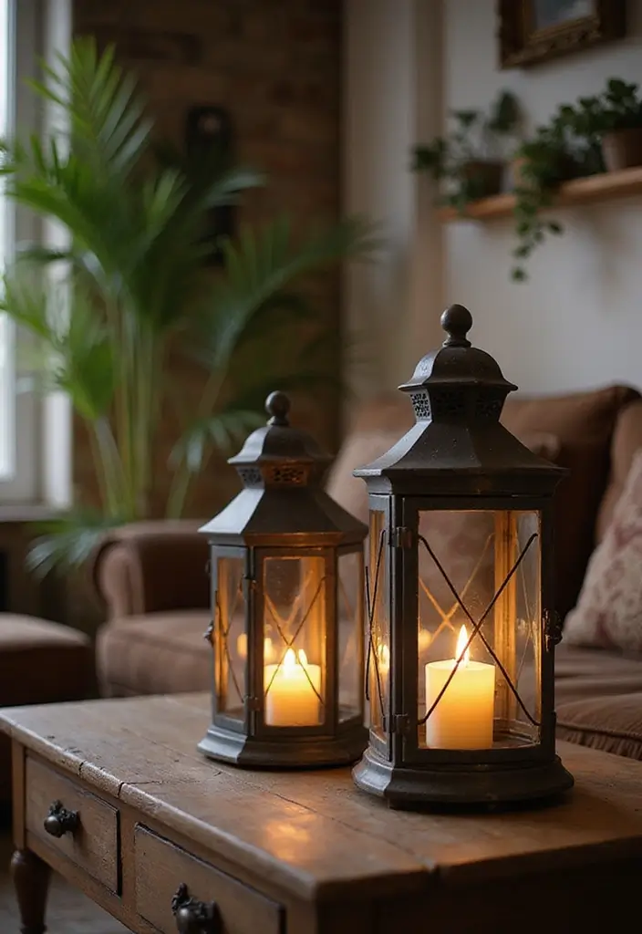 29 Cozy Lamps Living Room Ideas That Add Warmth and Soft Light - 1. Vintage Lanterns for Rustic Charm