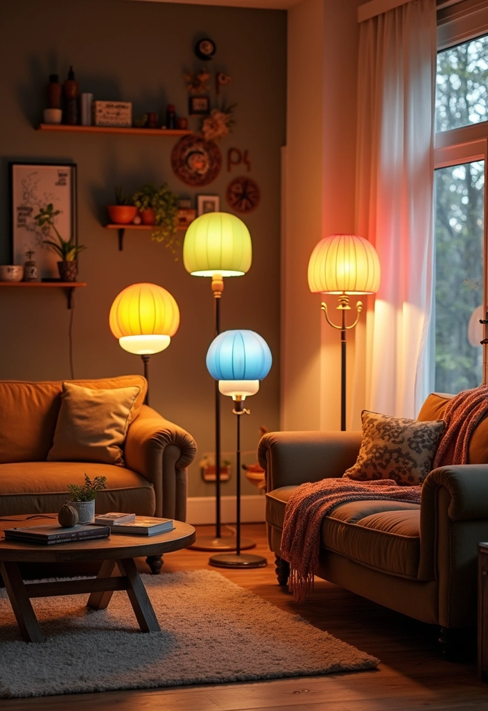 29 Cozy Lamps Living Room Ideas That Add Warmth and Soft Light - 12. Colorful Floor Lamps
