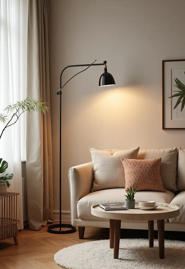 29 Cozy Lamps Living Room Ideas That Add Warmth and Soft Light - 14. Statement Arc Floor Lamps