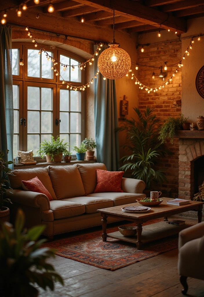 29 Cozy Lamps Living Room Ideas That Add Warmth and Soft Light - 15. Hanging String Lights