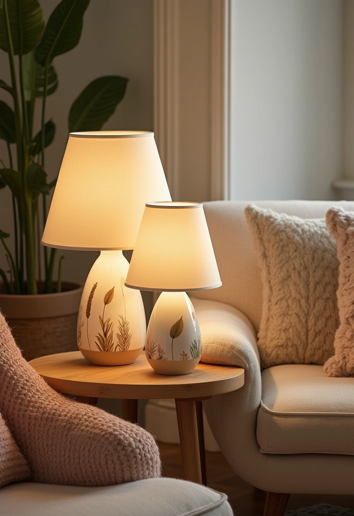 29 Cozy Lamps Living Room Ideas That Add Warmth and Soft Light - 16. Ceramic Table Lamps with Nature Motifs