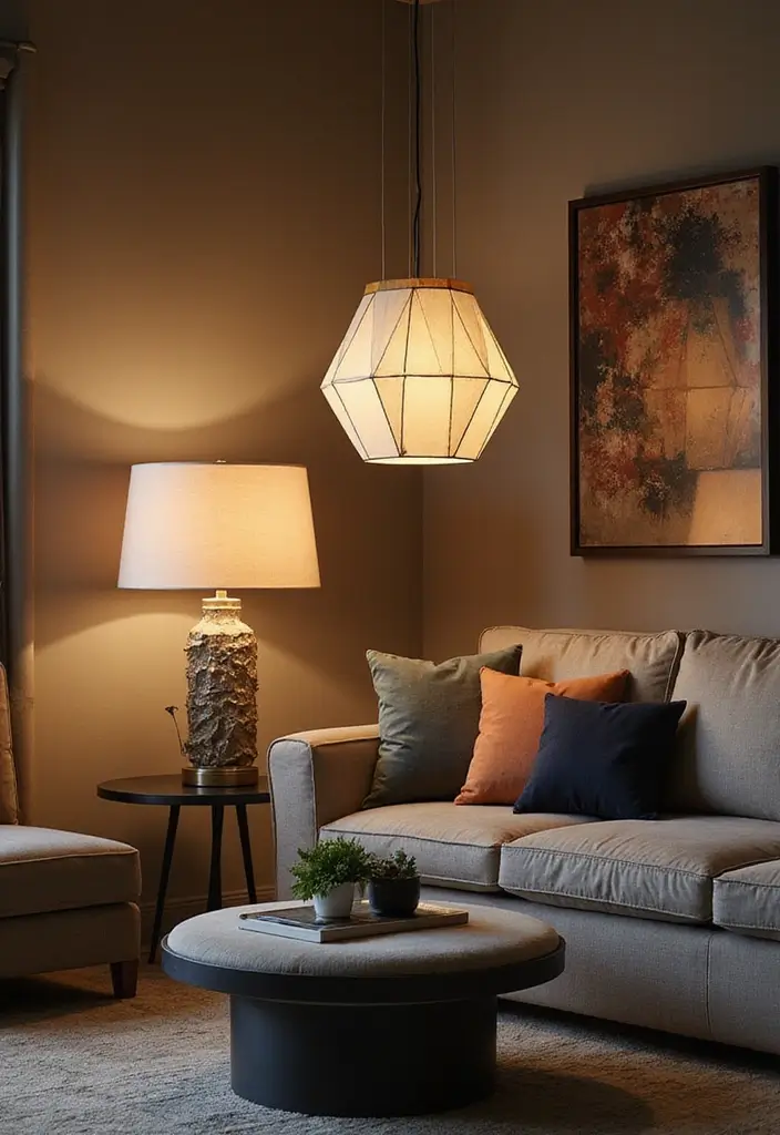 29 Cozy Lamps Living Room Ideas That Add Warmth and Soft Light - 27. Chic Geometric Lamps