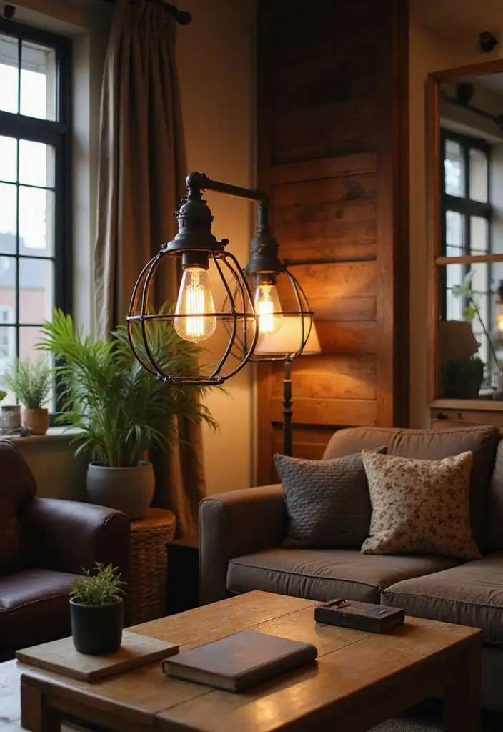 29 Cozy Lamps Living Room Ideas That Add Warmth and Soft Light - 28. Vintage Industrial Lamps