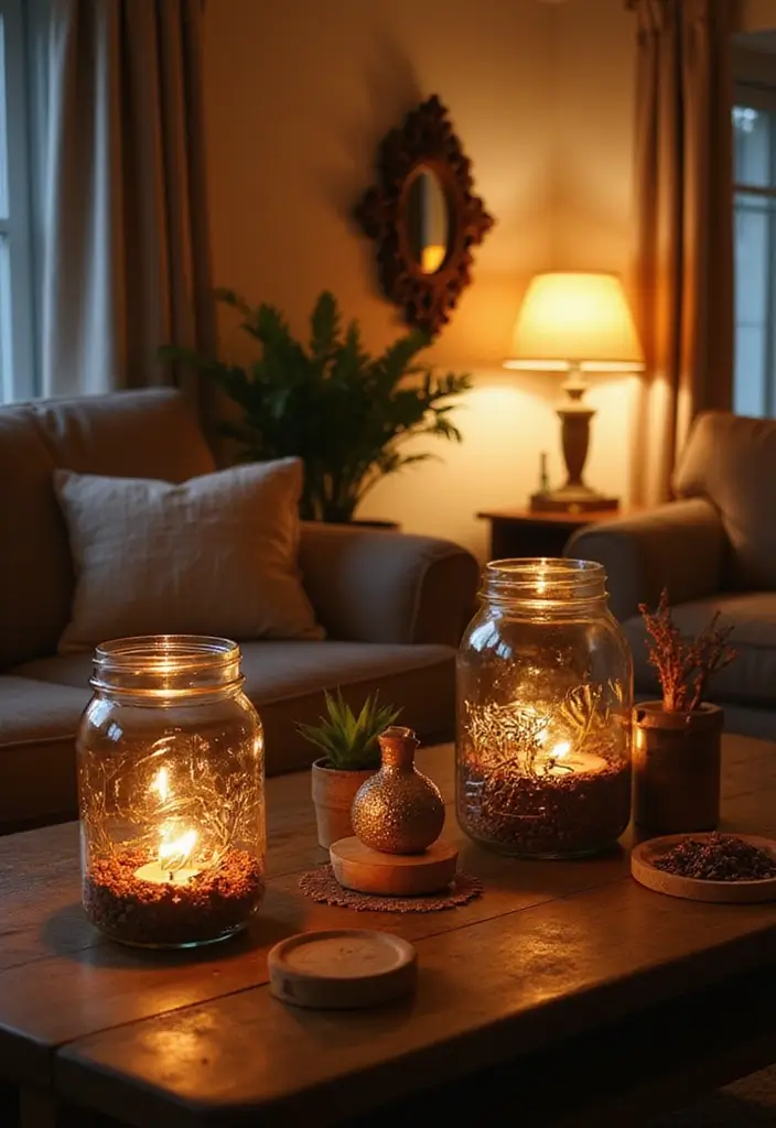 29 Cozy Lamps Living Room Ideas That Add Warmth and Soft Light - 4. Rustic Mason Jar Lamps