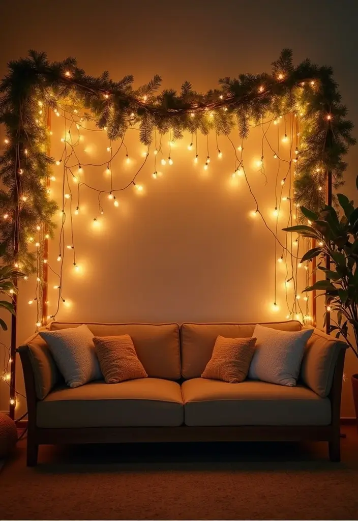 29 Fairy Lights Living Room Apartments Ideas That Feel Dreamy and Cozy - 1. Twinkling Canopy Above the Sofa