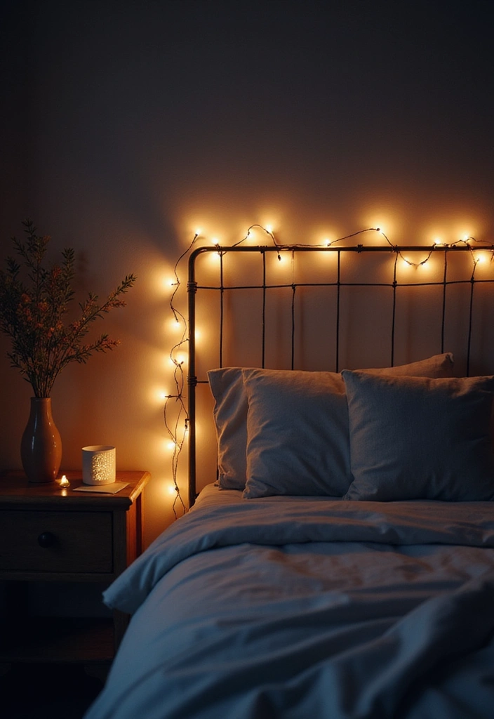 29 Fairy Lights Living Room Apartments Ideas That Feel Dreamy and Cozy - 10. Bedside Fairy Light Bliss