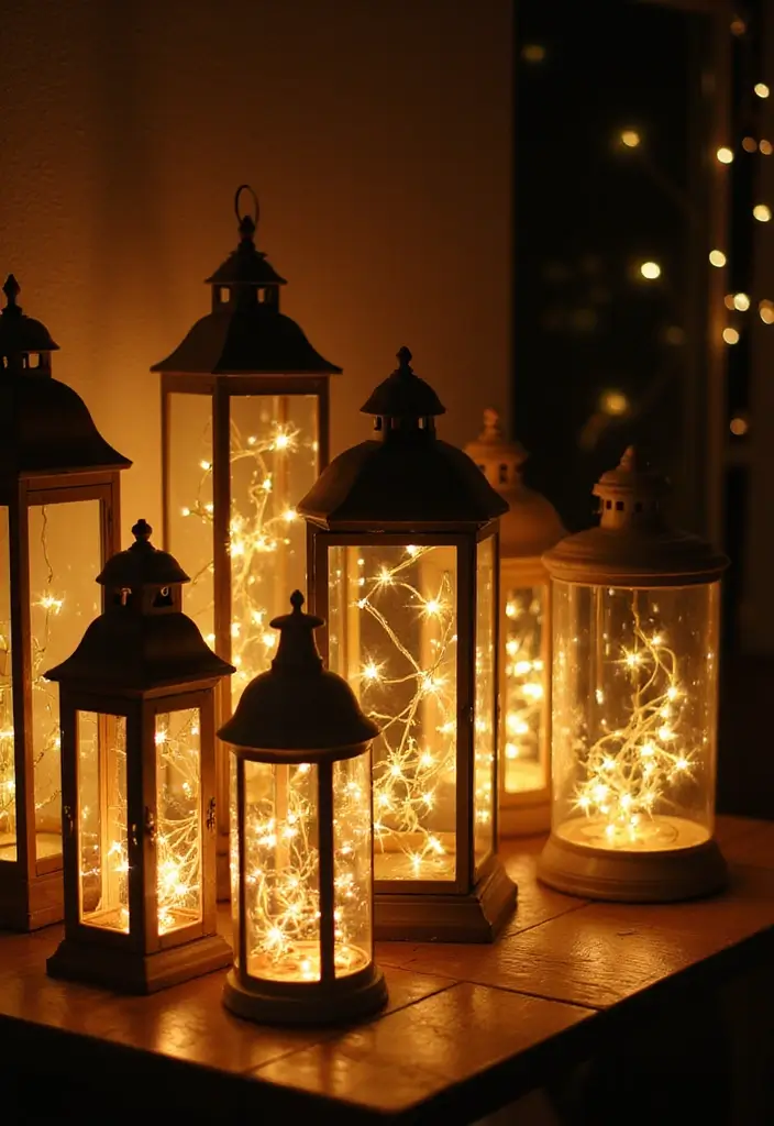 29 Fairy Lights Living Room Apartments Ideas That Feel Dreamy and Cozy - 11. Lanterns Filled with Lights