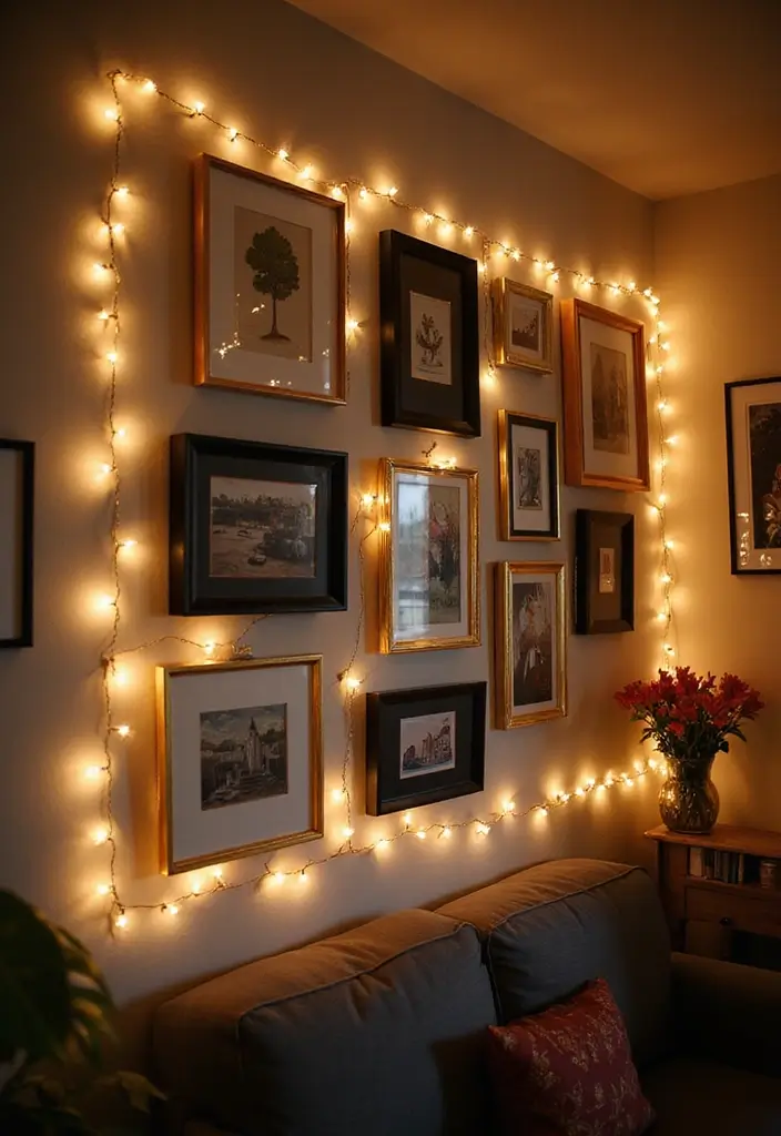 29 Fairy Lights Living Room Apartments Ideas That Feel Dreamy and Cozy - 12. String Lights on a Gallery Wall