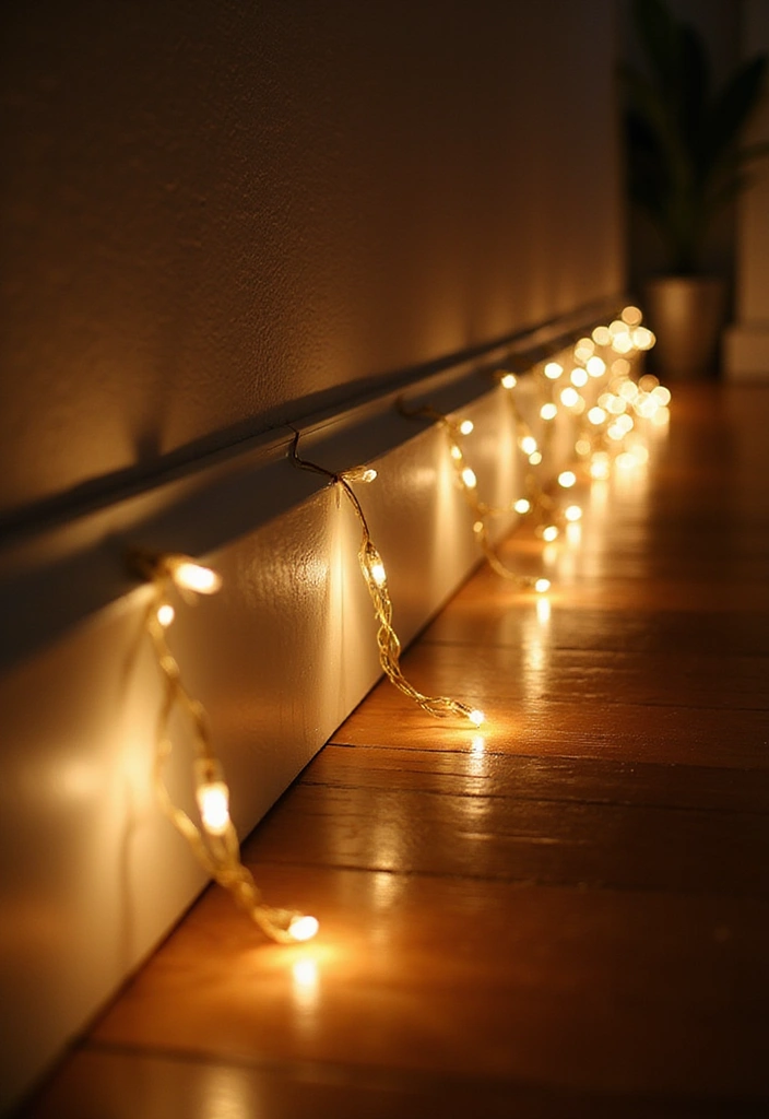 29 Fairy Lights Living Room Apartments Ideas That Feel Dreamy and Cozy - 13. Fairy Lights Along Baseboards