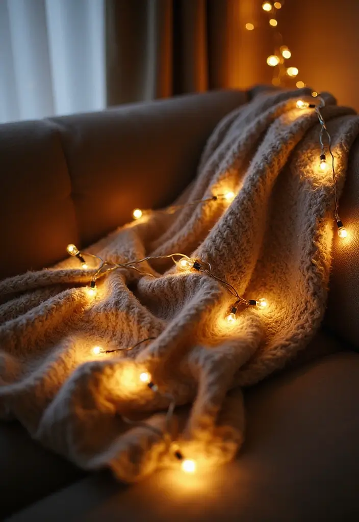 29 Fairy Lights Living Room Apartments Ideas That Feel Dreamy and Cozy - 14. Cozy Throw with Fairy Lights