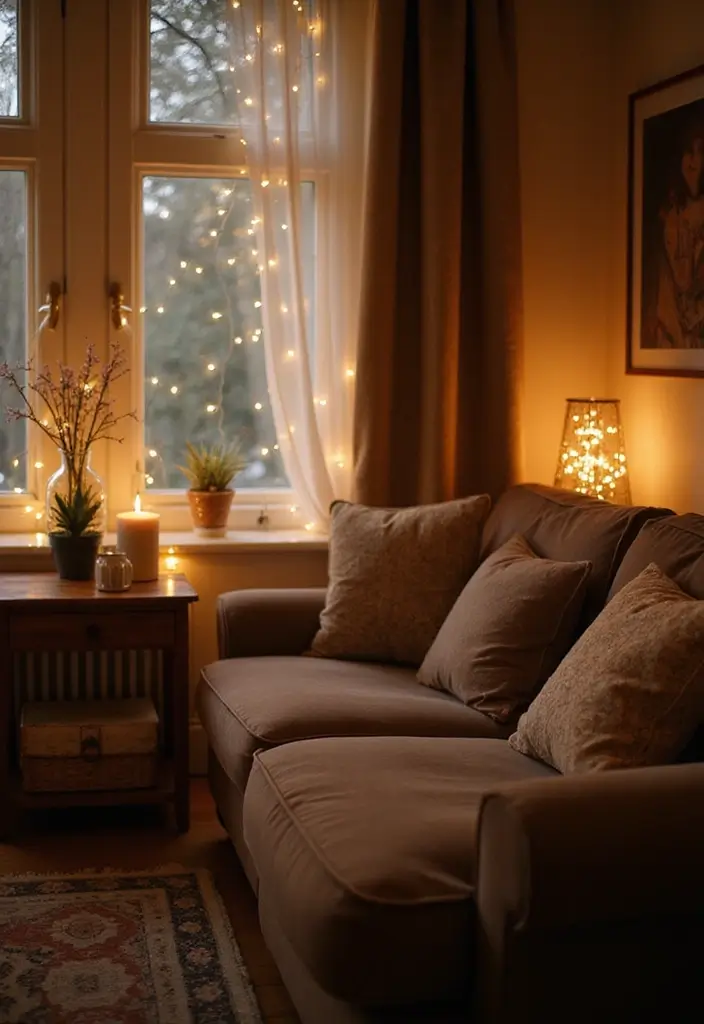 29 Fairy Lights Living Room Apartments Ideas That Feel Dreamy and Cozy - 17. Fairy Lights Behind Furniture