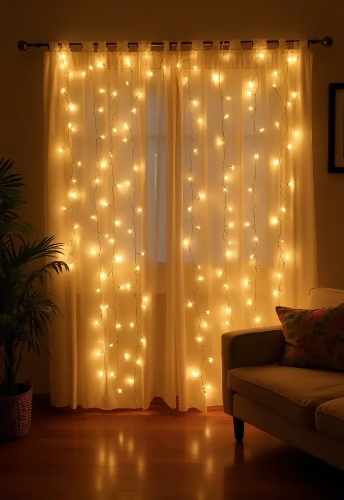 29 Fairy Lights Living Room Apartments Ideas That Feel Dreamy and Cozy - 18. DIY Fairy Light Curtain