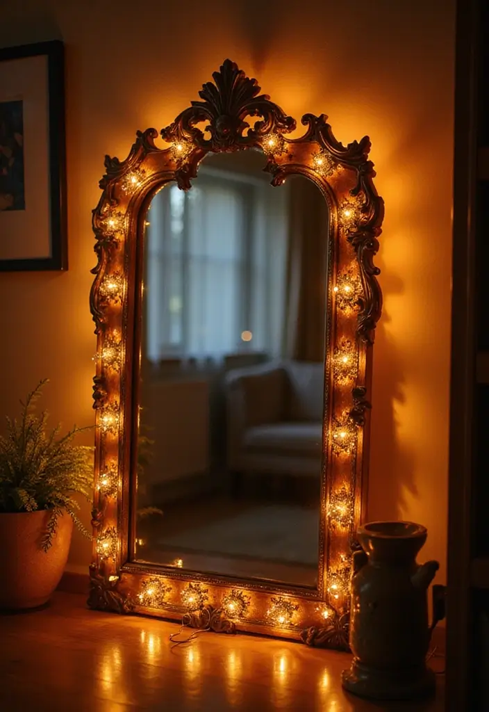 29 Fairy Lights Living Room Apartments Ideas That Feel Dreamy and Cozy - 20. Fairy Lights on a Mirror