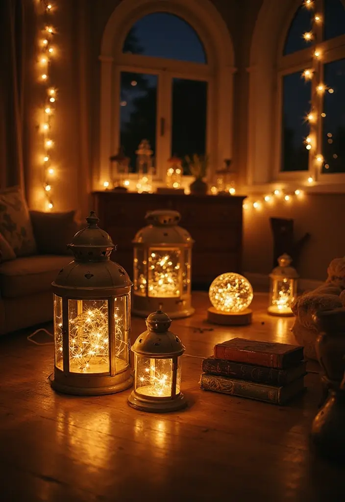 29 Fairy Lights Living Room Apartments Ideas That Feel Dreamy and Cozy - 23. Lanterns with Fairy Light Globes
