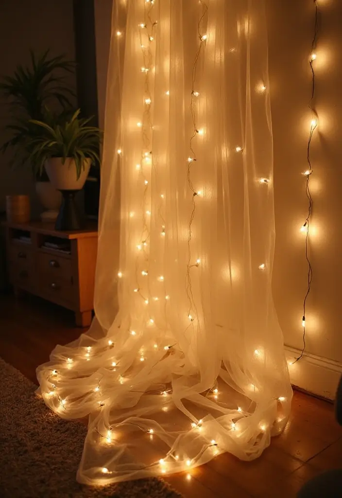 29 Fairy Lights Living Room Apartments Ideas That Feel Dreamy and Cozy - 24. Fairy Lights with Tulle
