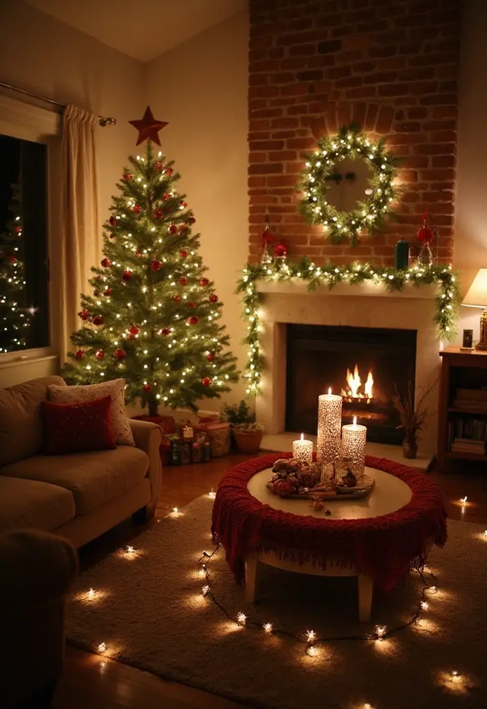 29 Fairy Lights Living Room Apartments Ideas That Feel Dreamy and Cozy - 25. Fairy Lights with Seasonal Decor