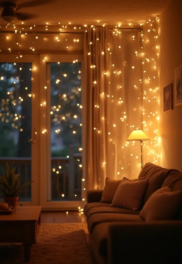 29 Fairy Lights Living Room Apartments Ideas That Feel Dreamy and Cozy - 26. Floating Fairy Lights