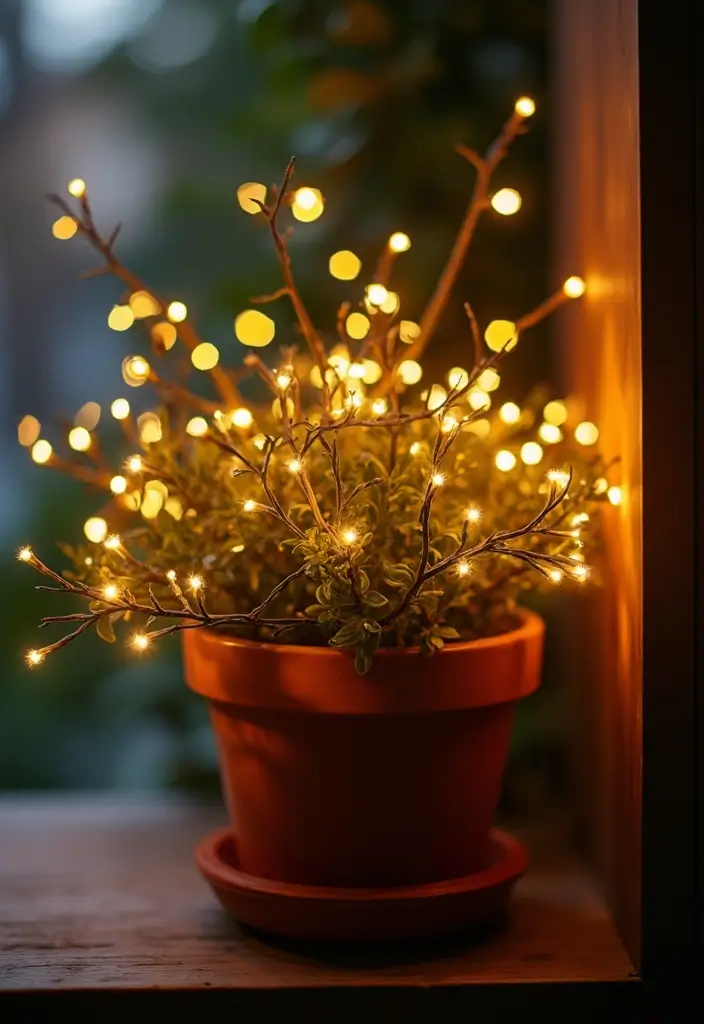 29 Fairy Lights Living Room Apartments Ideas That Feel Dreamy and Cozy - 27. Fairy Lights in a Flower Pot