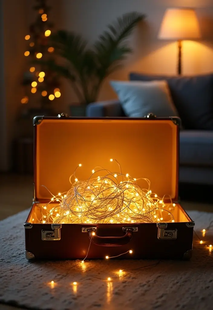 29 Fairy Lights Living Room Apartments Ideas That Feel Dreamy and Cozy - 28. Fairy Lights in a Vintage Suitcase