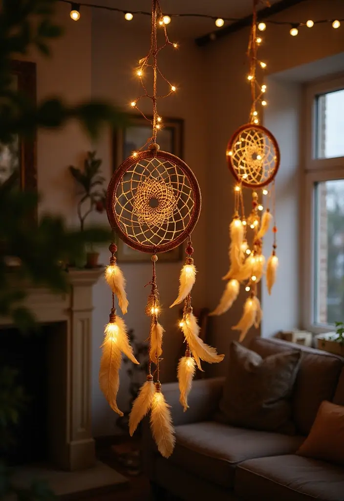29 Fairy Lights Living Room Apartments Ideas That Feel Dreamy and Cozy - 29. Fairy Lights with Dream Catchers