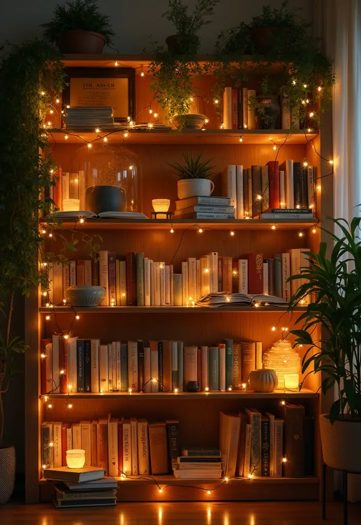 29 Fairy Lights Living Room Apartments Ideas That Feel Dreamy and Cozy - 4. Bookshelves Filled with Lights