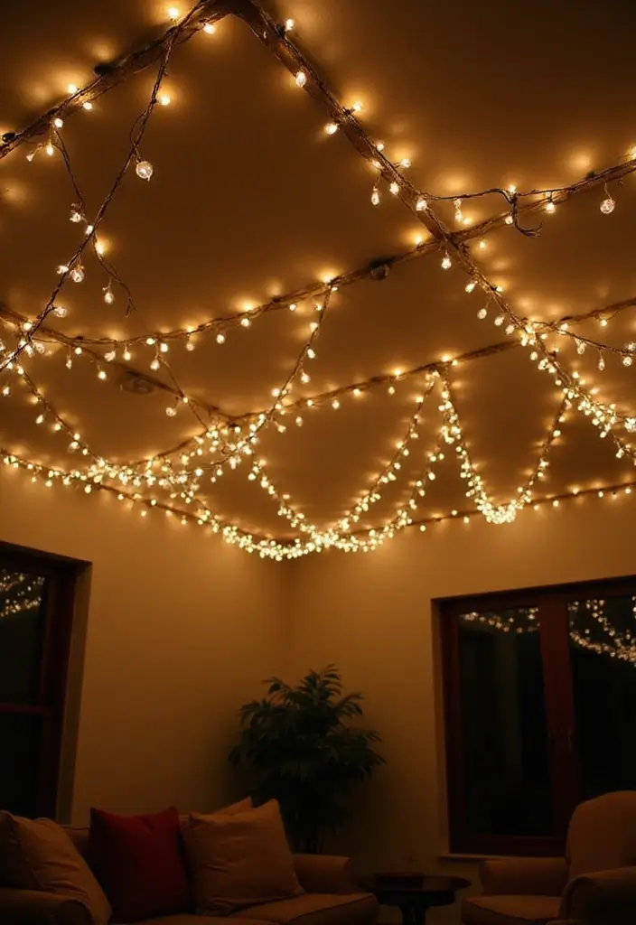 29 Fairy Lights Living Room Apartments Ideas That Feel Dreamy and Cozy - 8. Ceiling Draping