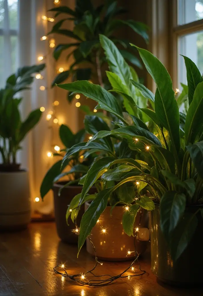 29 Fairy Lights Living Room Apartments Ideas That Feel Dreamy and Cozy - 9. Fairy Lights with Greenery