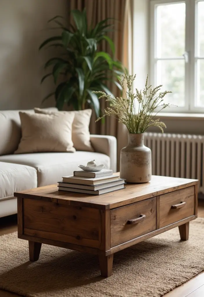29 Farmhouse Interior Design Living Room Ideas That Feel Timeless and Cozy - 14. Rustic Coffee Tables
