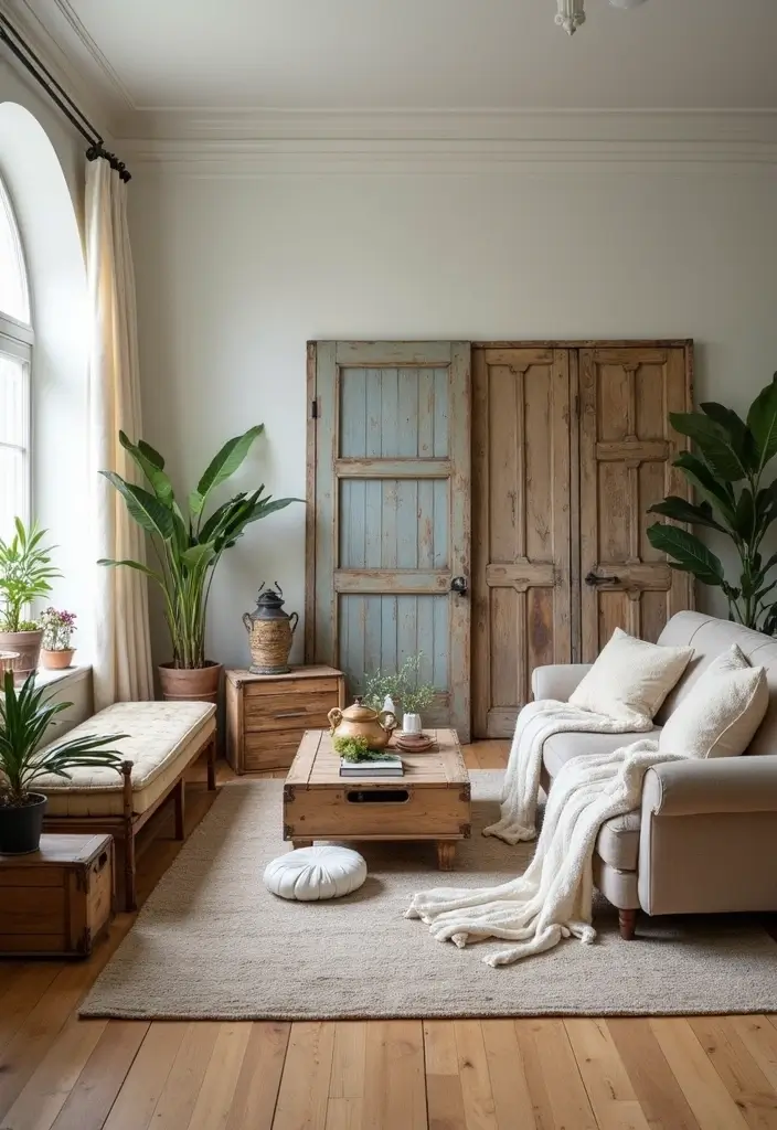 29 Farmhouse Interior Design Living Room Ideas That Feel Timeless and Cozy - 21. Repurposed Items