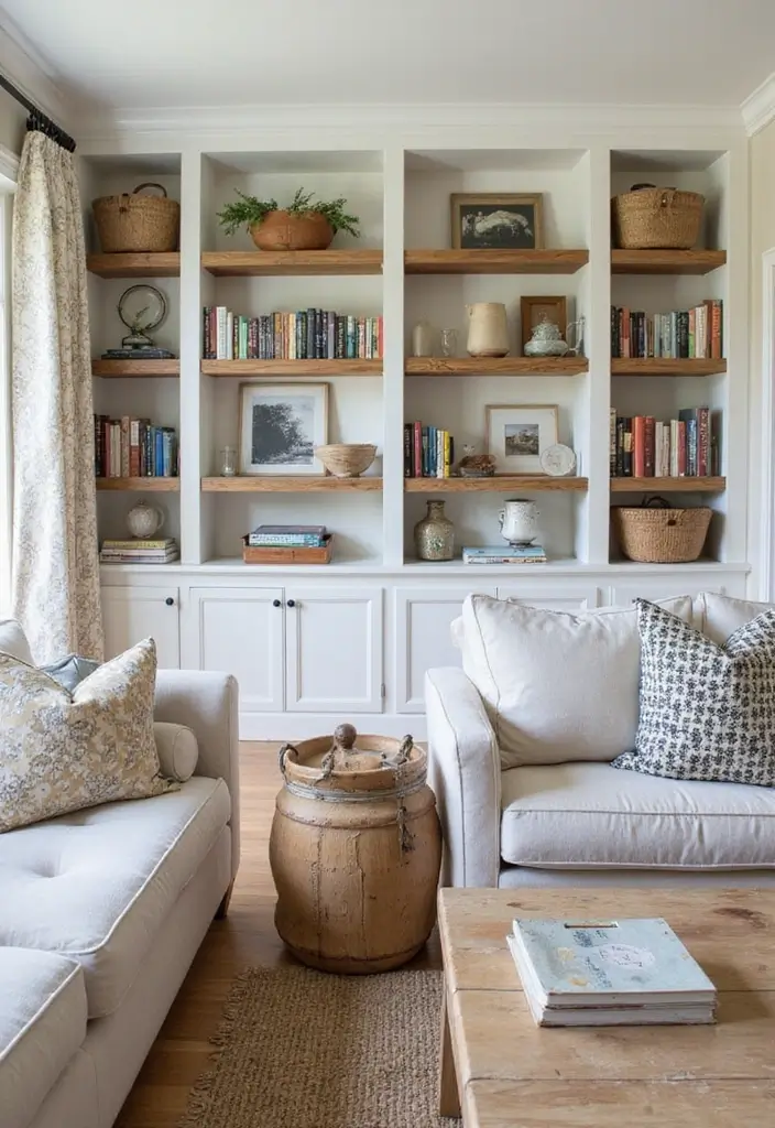 29 Farmhouse Interior Design Living Room Ideas That Feel Timeless and Cozy - 25. Built-In Shelves