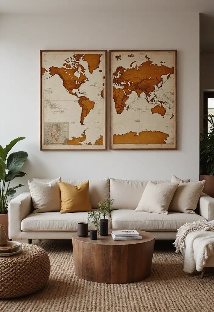 29 Home Decor Ideas: Living Room Traditional Wall Art Styles - 1. Framed Vintage Maps