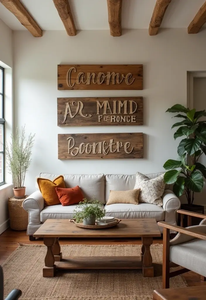 29 Home Decor Ideas: Living Room Traditional Wall Art Styles - 11. Rustic Wooden Signs