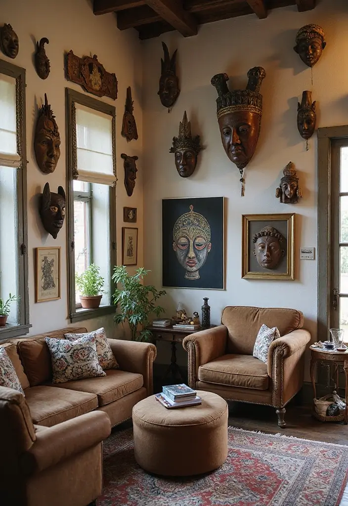 29 Home Decor Ideas: Living Room Traditional Wall Art Styles - 22. Cultural Masks and Artifacts