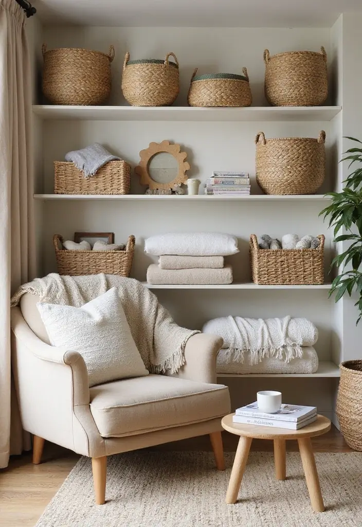 29 Living Room Shelving Ideas the Wall That Add Function and Style - 10. Open Shelving with Baskets: Stylish Organization