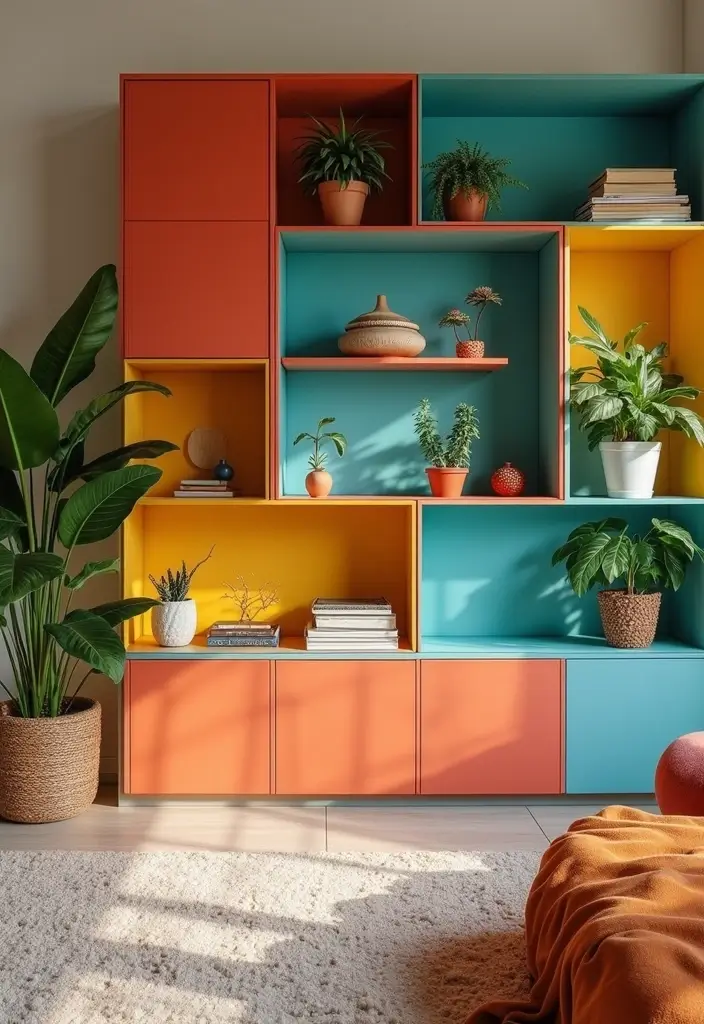 29 Living Room Shelving Ideas the Wall That Add Function and Style - 13. Color Block Shelving: A Bold Statement