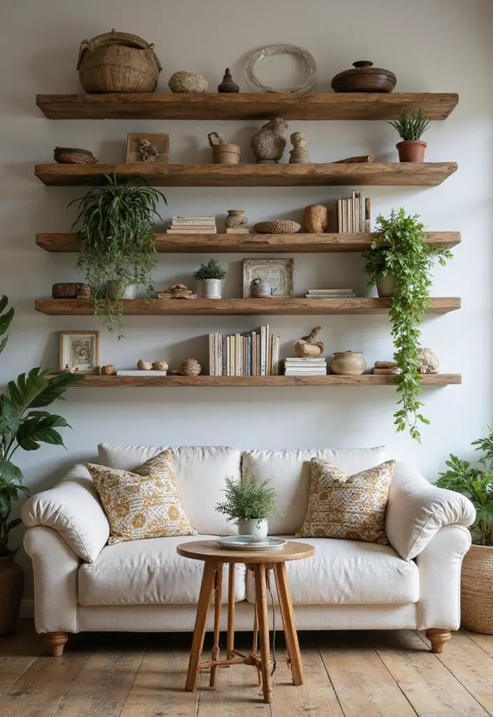 29 Living Room Shelving Ideas the Wall That Add Function and Style - 14. Rustic Wood Shelves: Bring the Outdoors In
