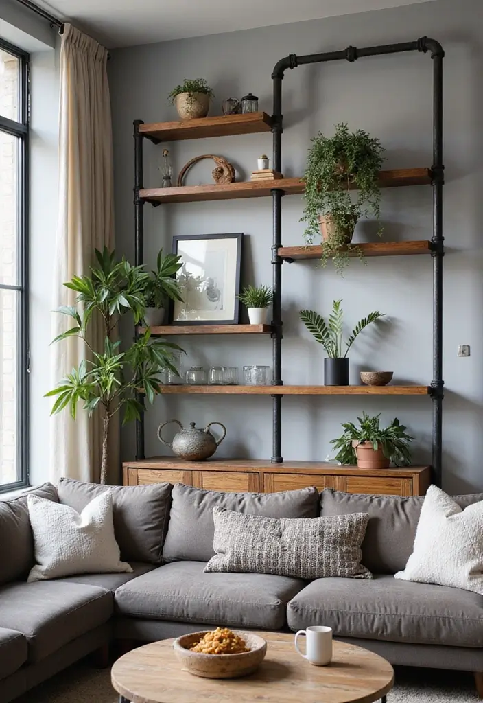 29 Living Room Shelving Ideas the Wall That Add Function and Style - 15. Industrial Pipe Shelving: Unique and Functional
